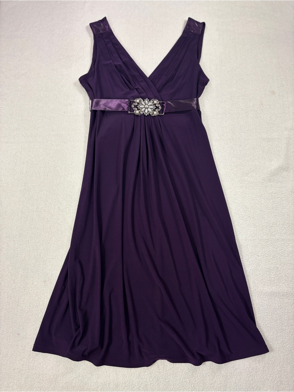 Scarlett Nite Deep Purple V-Neck Evening Dress with Jeweled Satin Belt